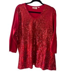 Quacker Factory Red Sequin Top 3/4 Sleeve V Neck Sparkly Blouse Plus Size 1X